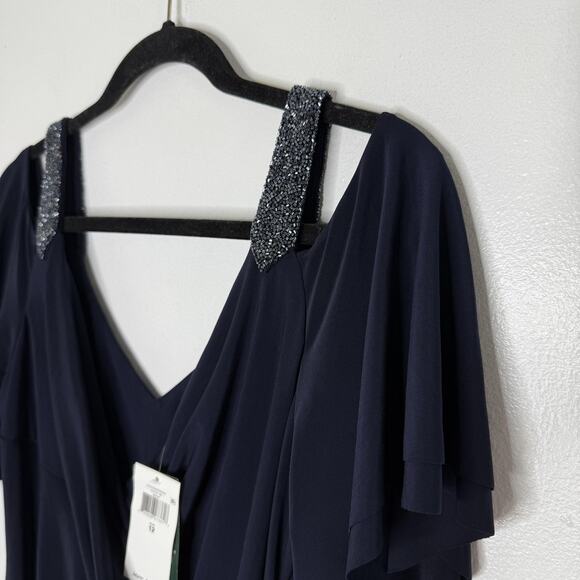 Ralph Lauren Dress Womens 12 Navy Blue Beaded Straps Flutter Sleeve Midi Gown - Picture 2 of 9